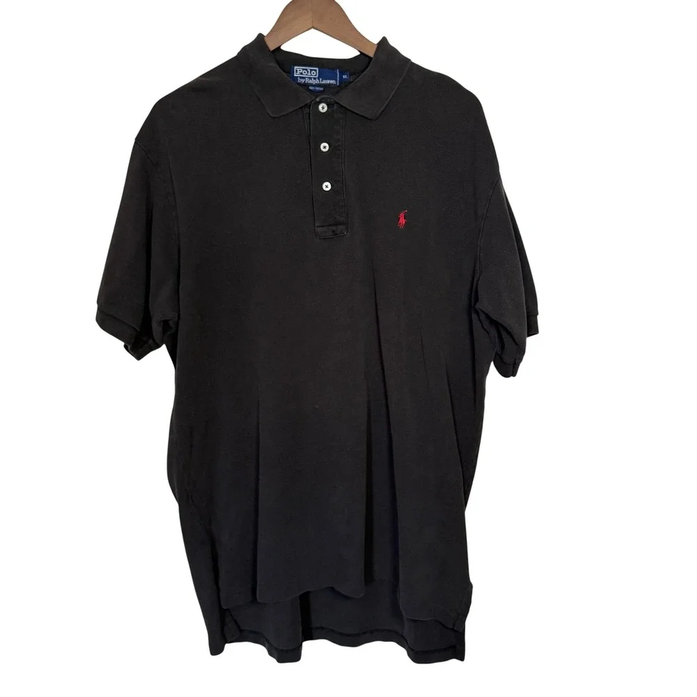 Vintage 90s Polo Ralph Lauren Men's XL Black Polo Shirt Made in USA Red Pony